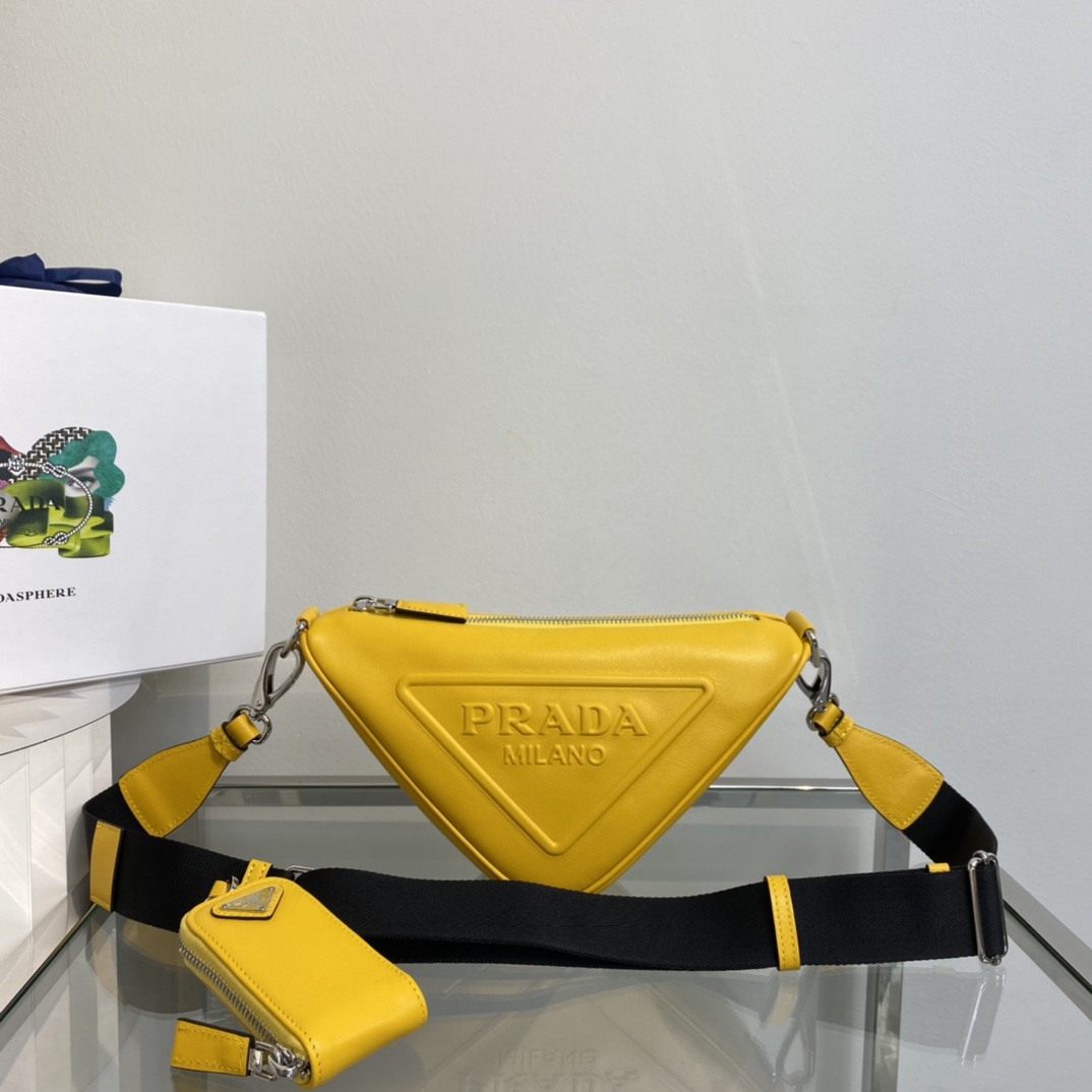 Prada Triangle Leather Shoulder Bag Tote Yellow 1BH190